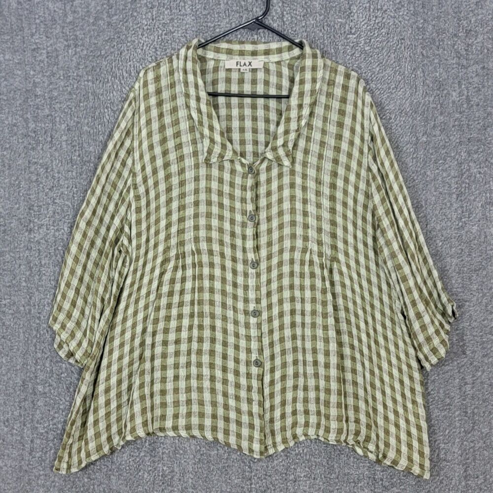Flax Shirt Womens 1G / 1X Green Gingham 100% Linen Button Down Lagenlook Tunic